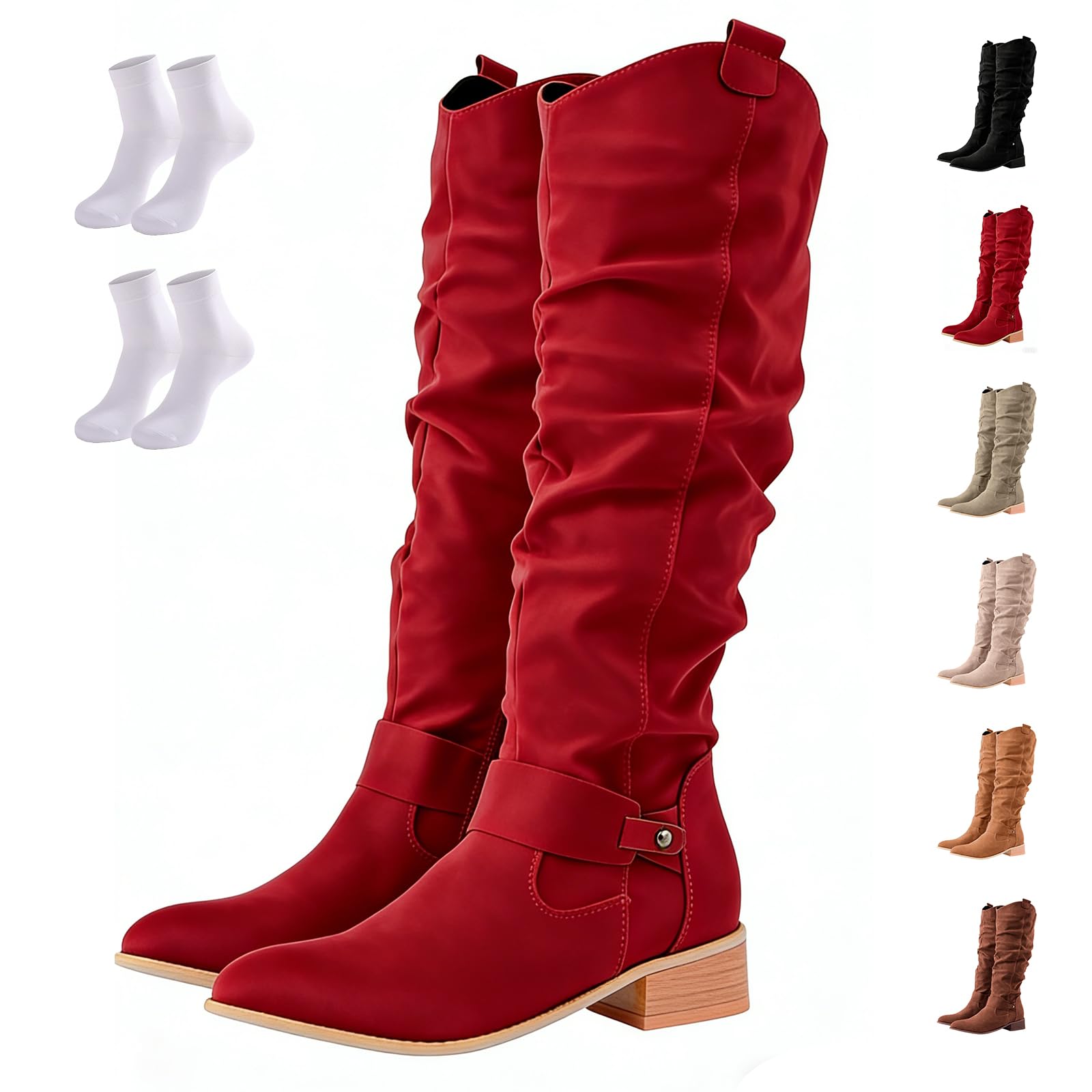 Womens Slouchy Knee High Boots Suede Wide Calf Western Cowgirl Boots Flat Low Heel Mid Calf Boot with