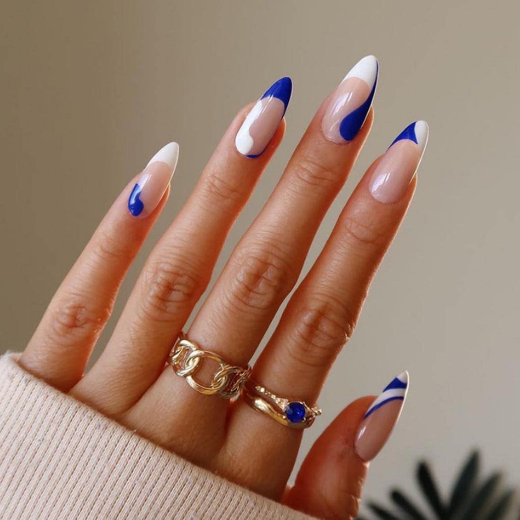 Amazon.com: Foccna Almond Daisy Acrylic Press on Nails Medium Length Klein Blue  False Nails Full Cover Fake Nails Glossy Nails for Women and Girls(24 pcs)  : Beauty & Personal Care