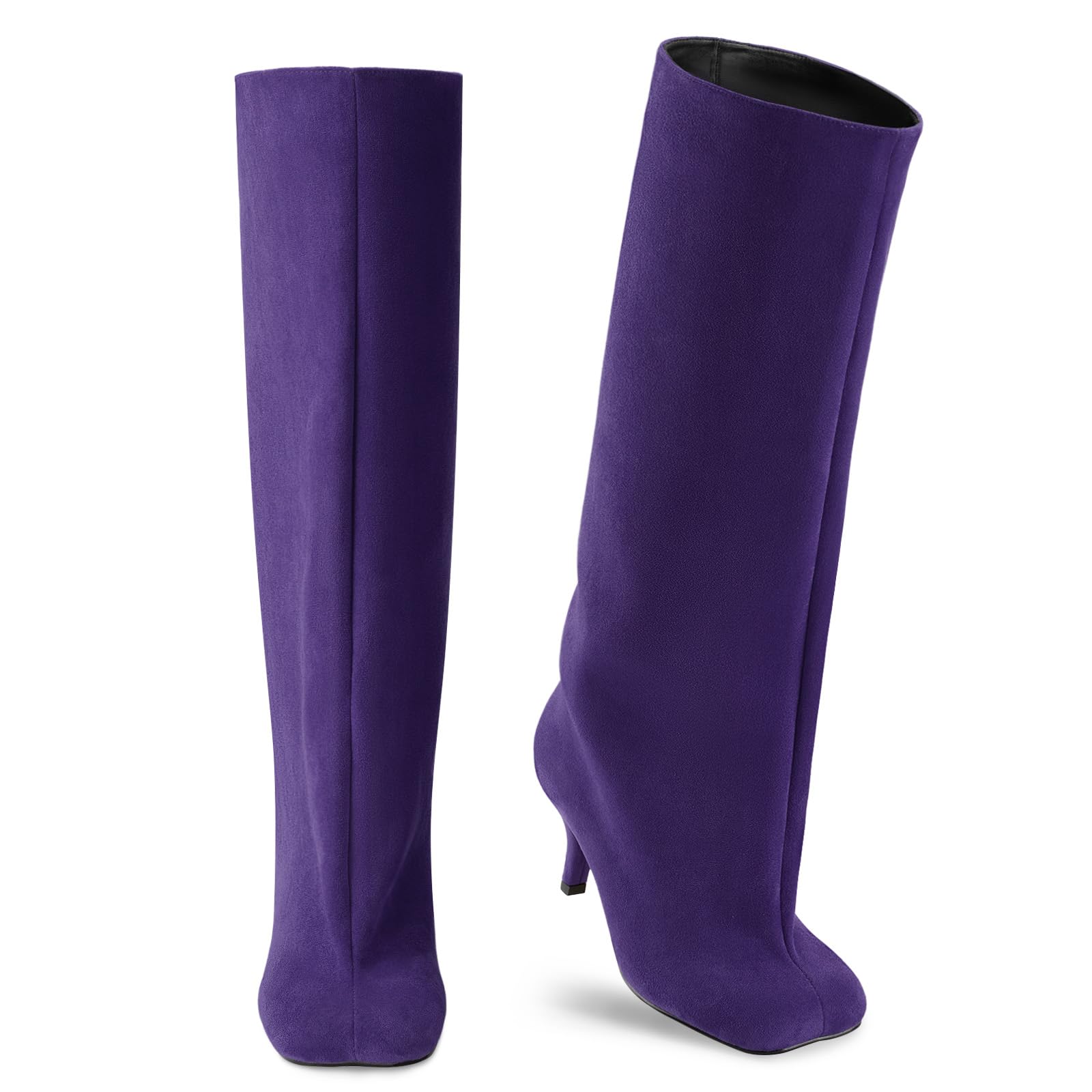 Oh Mispares Women's Nude Suede Knee High Boots - Square Toe Wide Calf Stiletto Low Heels - Fashionable Kitten Heel Pull-On Tall Winter Boots for