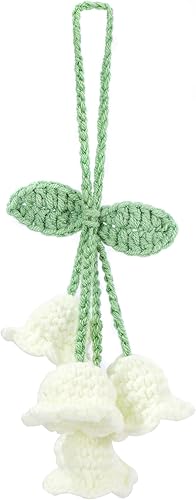 Lily Flower Handmade Knitted Car Mirror Hanging Accessories, Rear Riew Mirror Accessories Car Decorations for Women Men Blanco