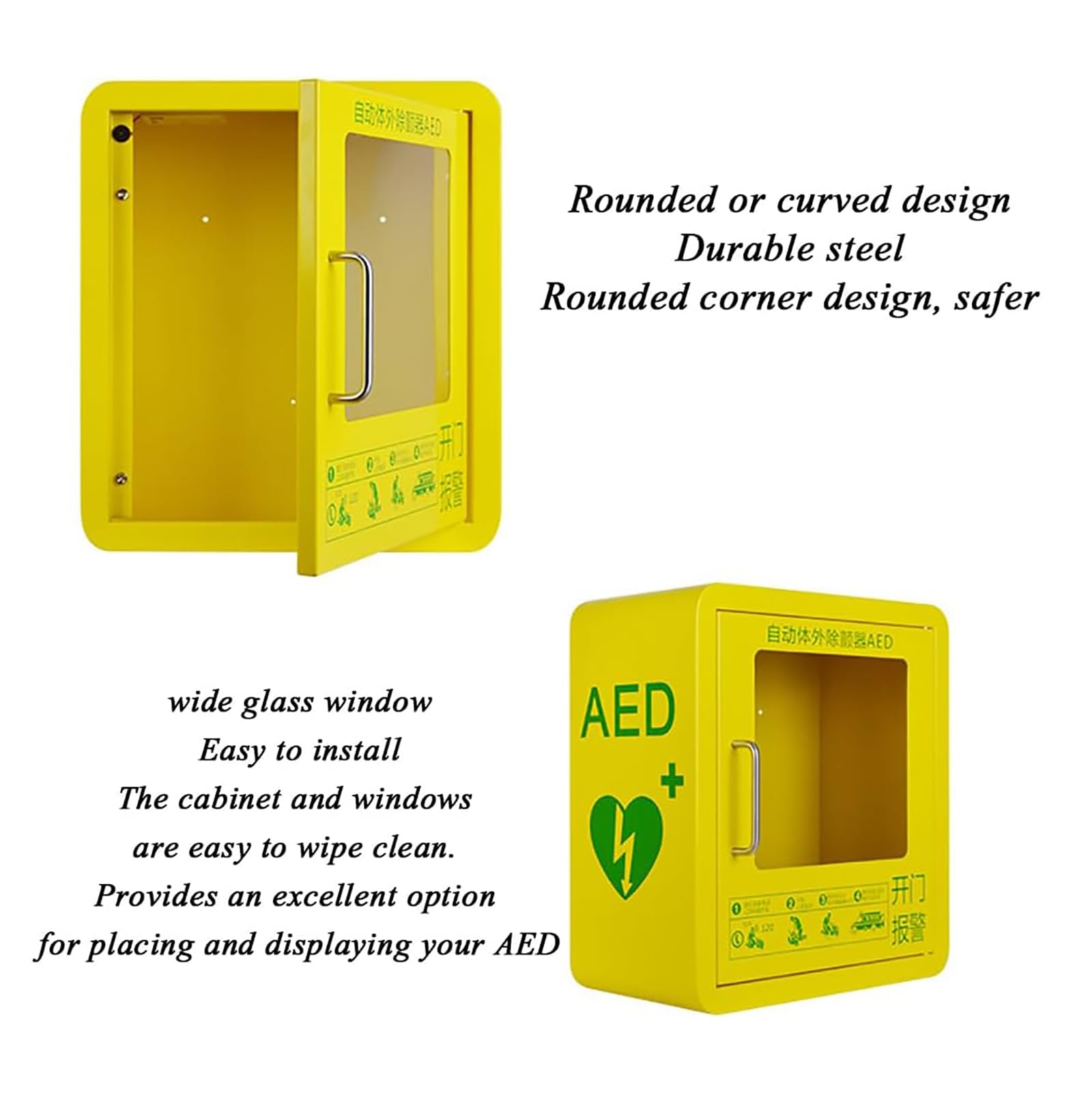 AED-Defibrillator-Aufbewahrungsschränke, wandmontierte AED-Alarmbox mit Griff/Schlüssel und Alarm, transparentem Glasfenster und abgerundetem Eckendesign, für öffentliche Bereiche im Home-Office