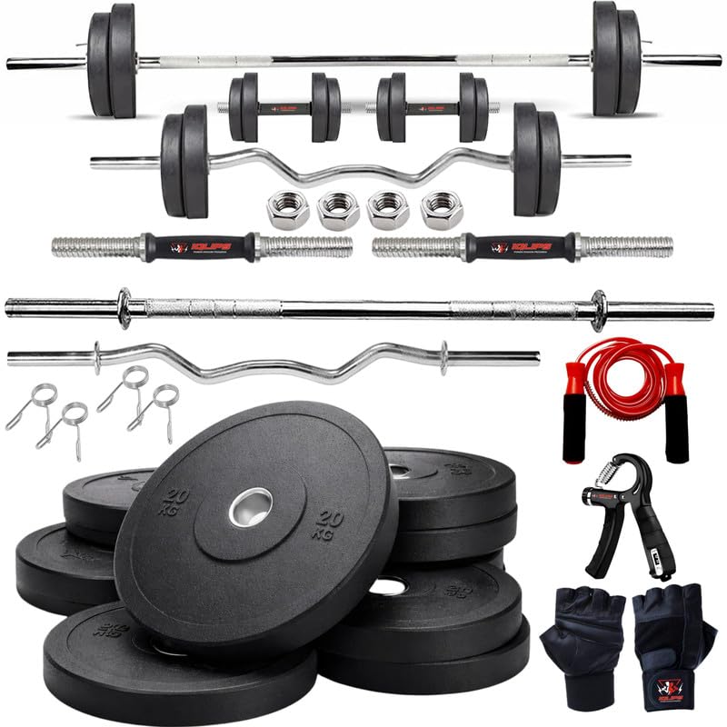 Rubber Weight Plates Combo 60KG Home Gym Set with 5Ft Straight Barbell Rod, 3Ft Curl Bar (25mm), Pair of Steel Dumbbell Rods, Collars, Hand Gripper, Gloves & Skipping Rope Workout Kit-image-41