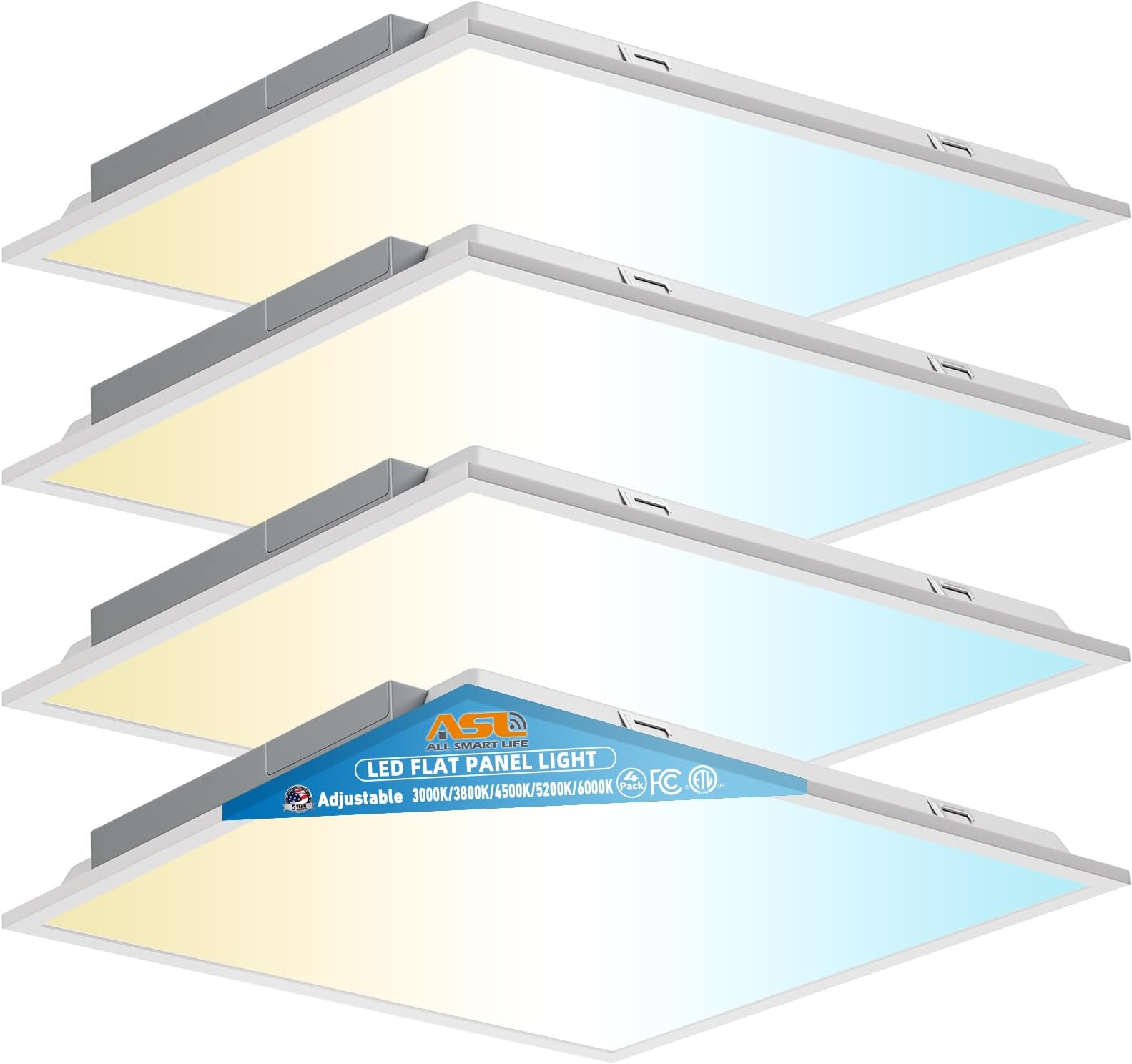 2x2 LED Flat Panel Lights for Drop Ceiling 4-Pack, 40W/4998Lumens Triac Dimmable, 5CCT (3000K~6000K), IP42, 2Ftx2Ft Back-Lit Recessed Troffer Light Fixtures for Shop Commercial Office, ETL