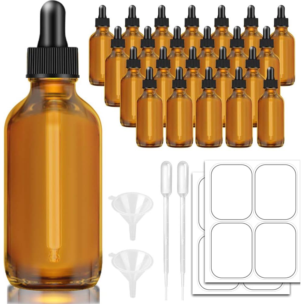 Bumobum Botellas cuentagotas de 4 onzas para aceites esenciales, paquete de 24 botellas de vidrio ámbar de 120 ml con cuentagotas para ojos, 2 embudos y 2 cuentagotas largos, botellas vacías de