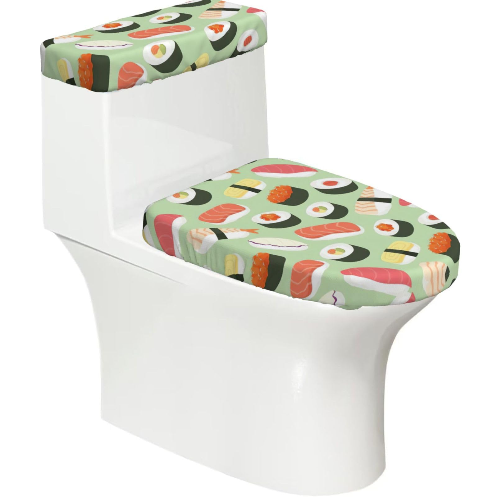 Sushi Food Pattern Print Bathroom Decor Toilet Lid Cover And Tank Covers, Restroom Accessories Fits Most Round
