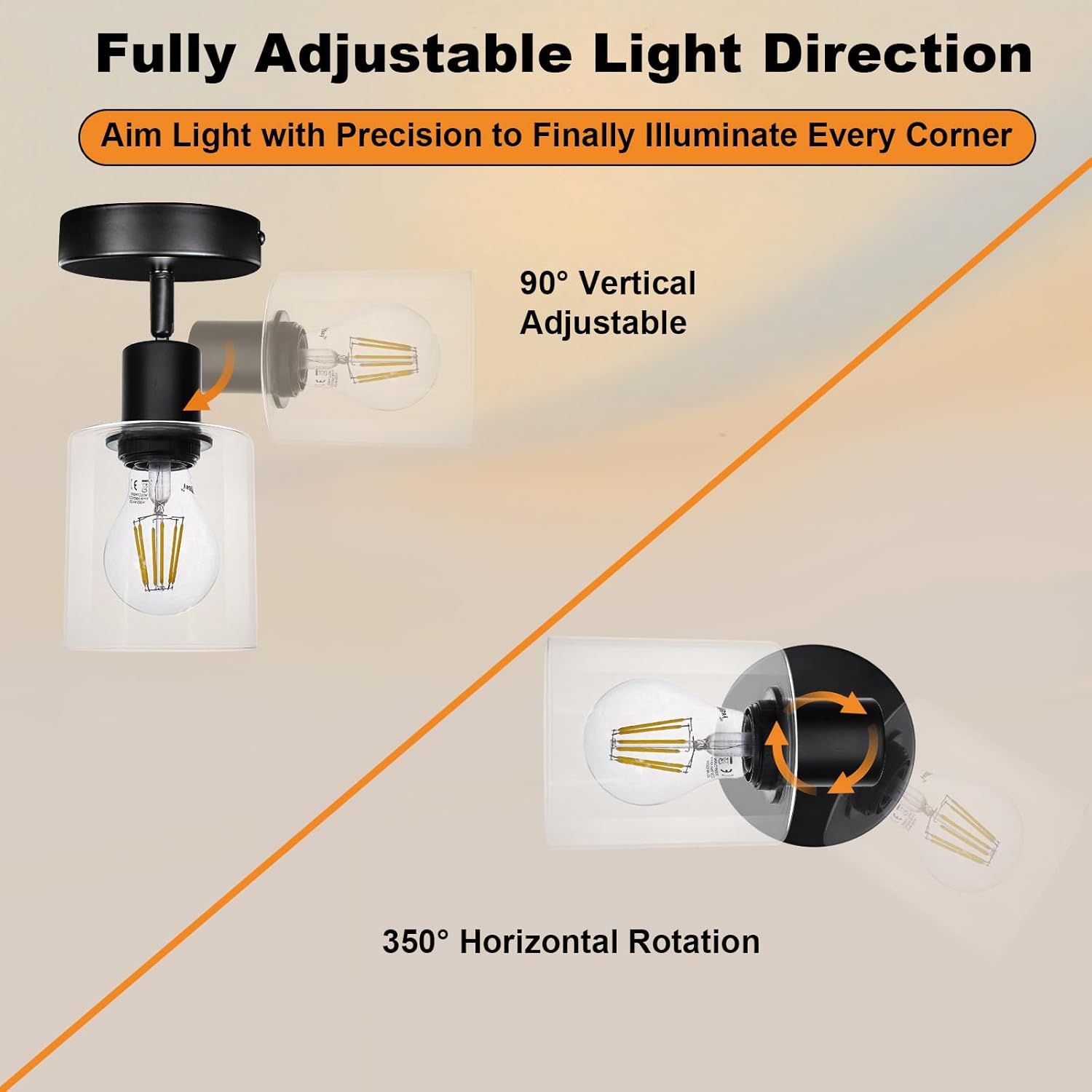 HiBay 1-Light Black Track Lighting Fixture, Ceiling or Wall Mount Adjustable Spotlight with Glass Shade, Modern Farmhouse Industrial Light for Bathroom Vanity, Bedroom, Hallway, E26 Base