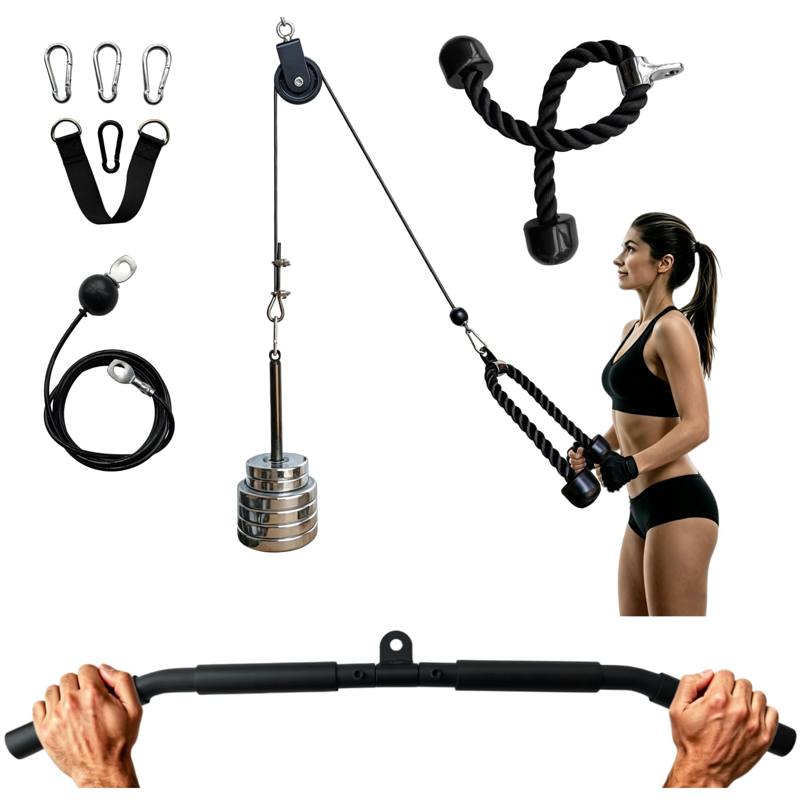Lat machine palestra casa – Cavi palestra + corda per tricipiti + barra lat machine – Attrezzi palestra per bicipiti, tricipiti, schiena, montaggio a parete, pulley home gym