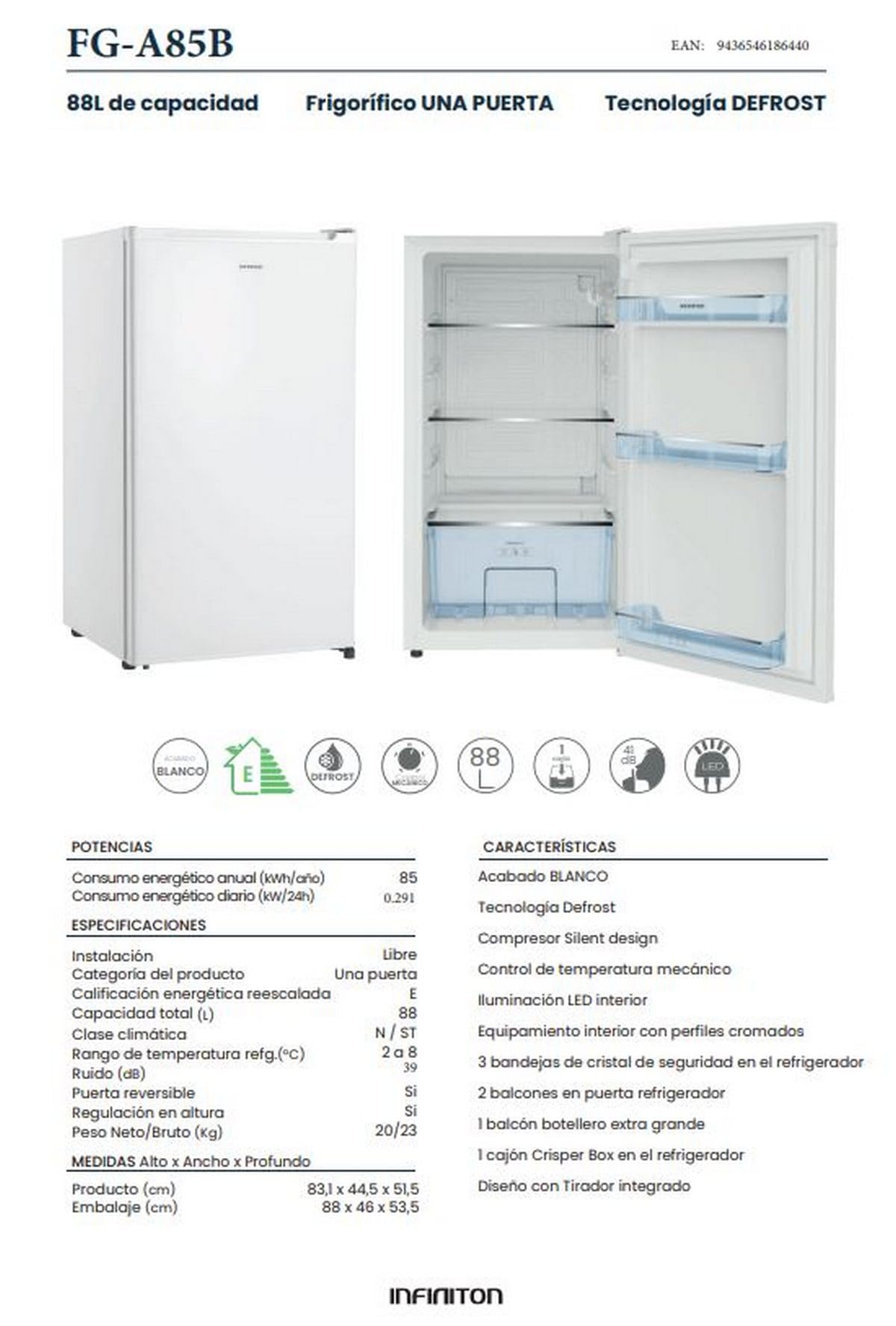 INFINITON FG-A85B - Frigorifico una puerta | Color Blanco | Alto 85cm | Capacidad 92 Litros | Temperatura regulable | Luz LED | Clase A+/F - 3