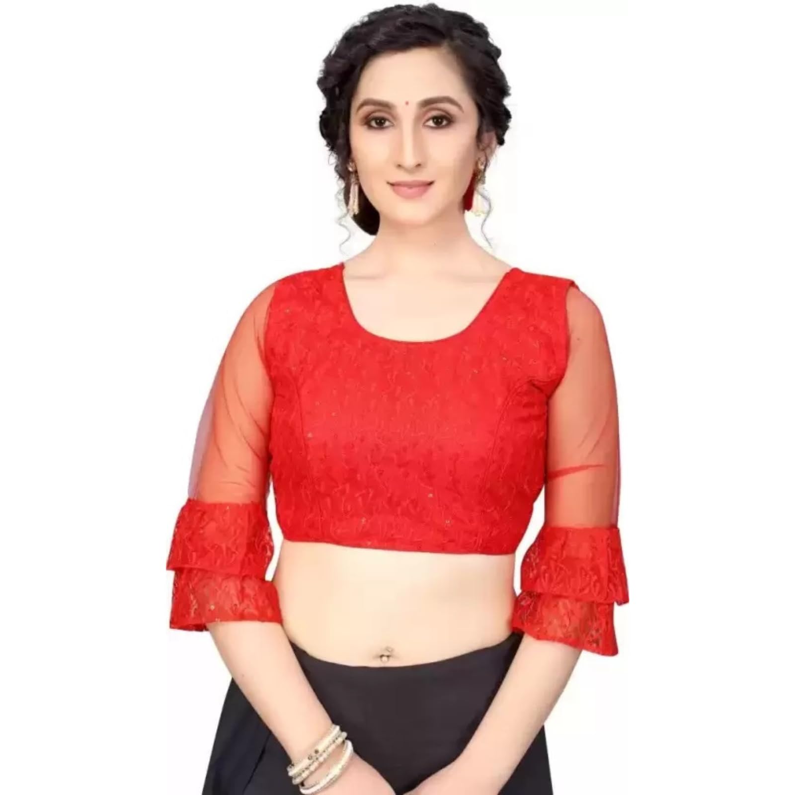 D & V Creations Women's Round Neck 3/4 Sleeve Embroidered & Sequences Work Net Frill Blouse Piece for Ladies-image-49