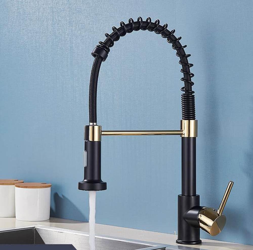 BHFPFZA Matte Black Kitchen Sink Faucet with Pull Down Sprayer Single Handle Mixer Tap with 360 Rotation Black Gold Finish