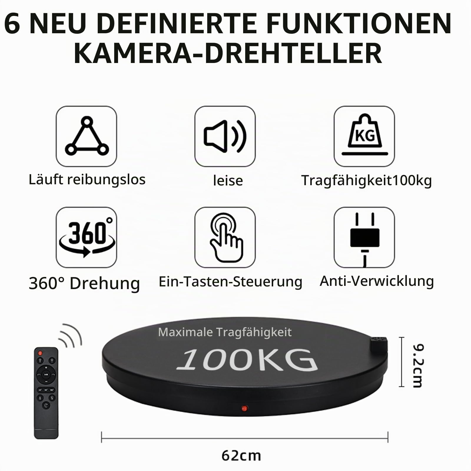 Elektrischer Drehteller 62cm 100kg Tragfähigkeit mit Fernbedienung, Displayständer Elektrischer 360-Grad-Drehteller Für Die Fotografie, Winkel Geschwindigkeitswinkel und Richtung Einstellbar (Schwarz)