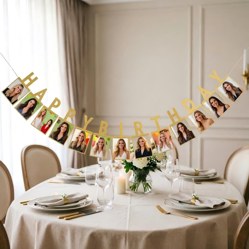 Happy Birthday Banner with Photo Display - Customizable DIY Party Decor for Adult Celebration - Reusable Golden Anniversary Decoration