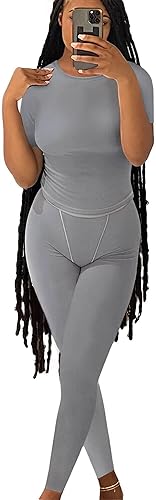 Miniatura 6 de ZFLM Conjunto de dos piezas de entrenamiento casual para mujer, camiseta ajustada de cuello redondo, pantalones de cintura alta, conjuntos a juego