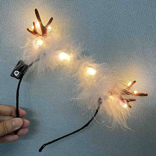 Clataly LED Light up Headband Glowing Reindeer Antlers Hair Accessories Luminous Tiara Christmas Party Hair Hoop Feather Headwear for Women(Warm light C) - Image 3