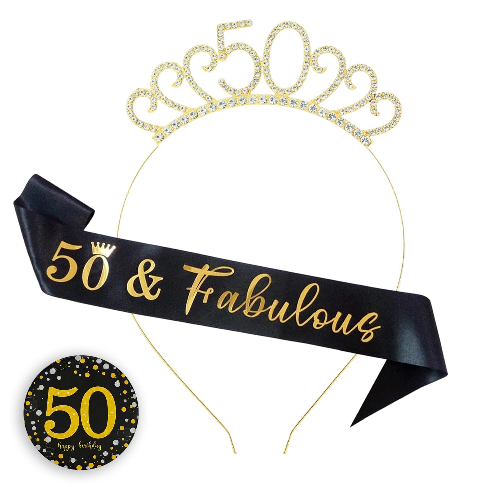 50th Birthday Sash for Women with Badge and Crown, Milestone Celebration Party Decorations, Photo Props and Gift Set for 50-Year-Old Women, Adjustable Sash and Headpiece