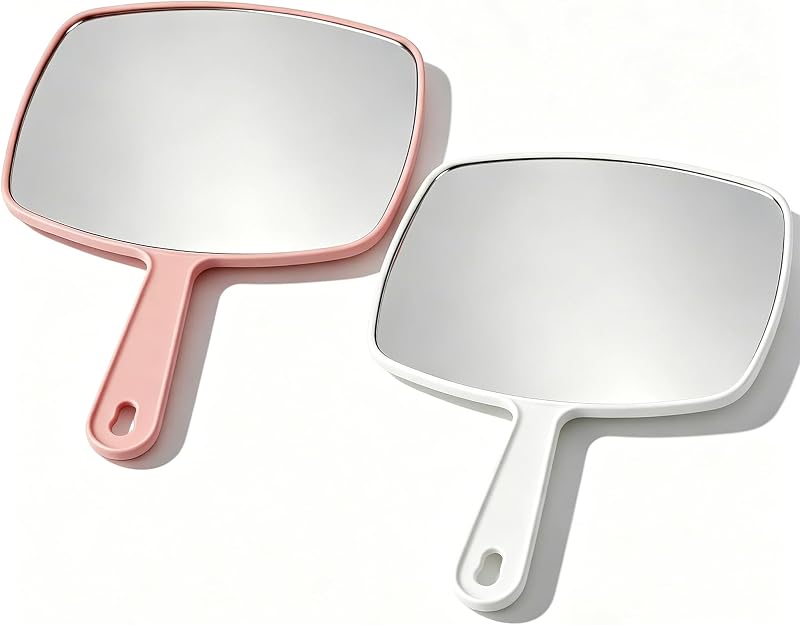 Chunful Espelhos de Mão Grandes com Cabo e Orifício para Pendurar, Branco e Rosa, Pacote com 2