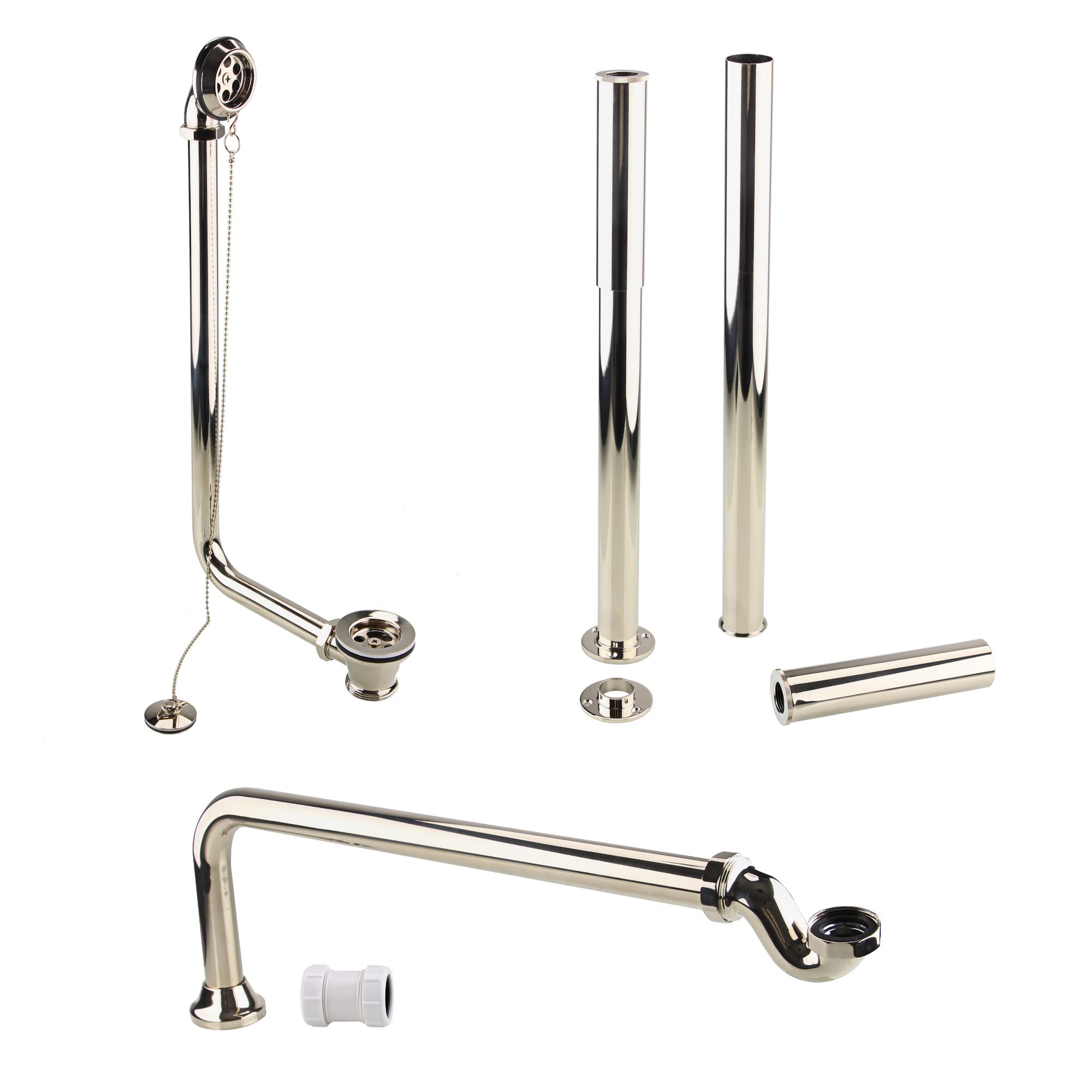 ENKI, W56, Vintage Gold Traditional Freestanding Roll Top Bath Pack, Shallow Seal Trap, Exposed Retainer Waste, Legs with Adjustable Shrouds, Polished Brass