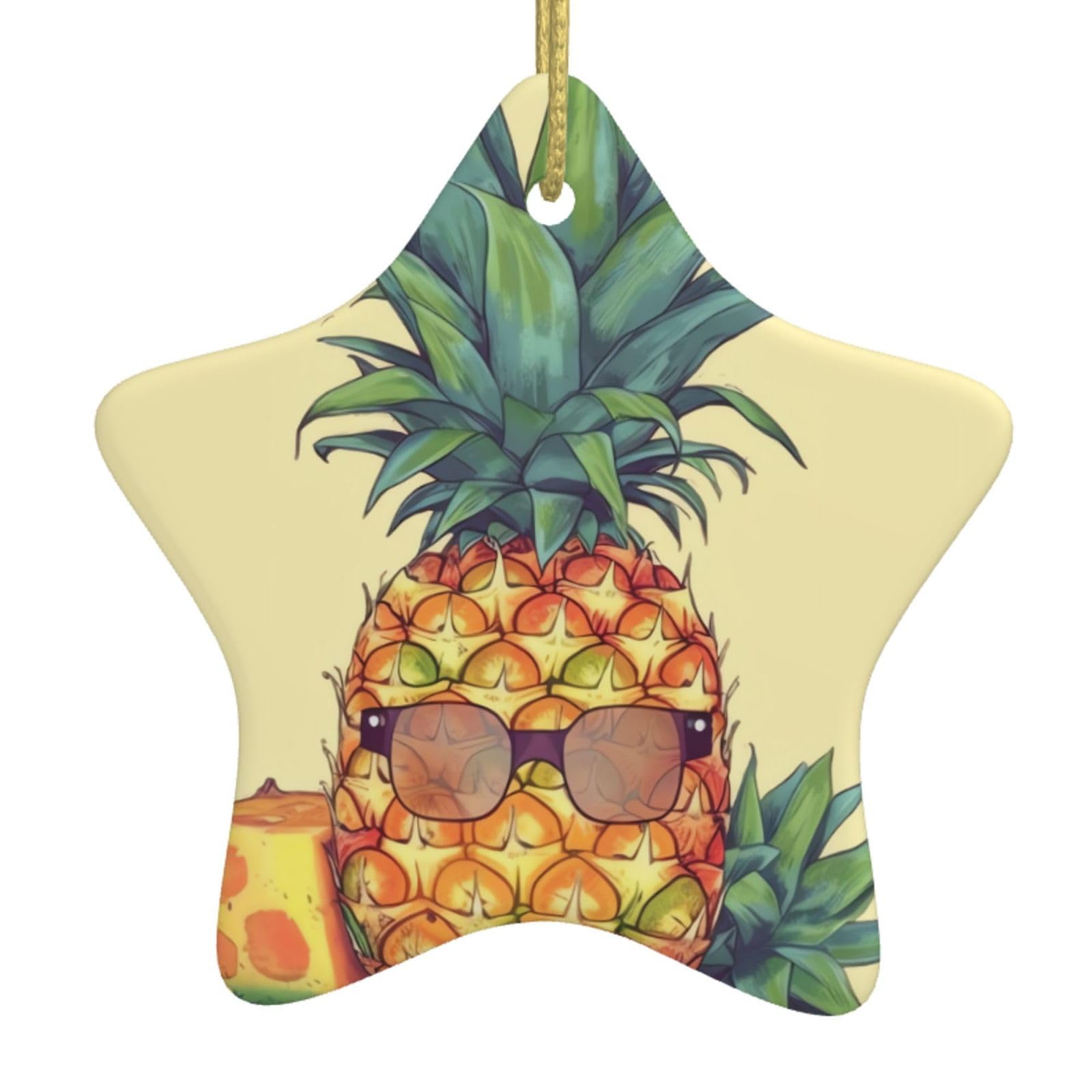 Funny Pineapple Christmas Ornament Star Ceramic Hanging Ornaments for Christmas Tree Holidays Ornaments with Gold Rope Hanging Porcelain Pendants for Party Xmas Decoration