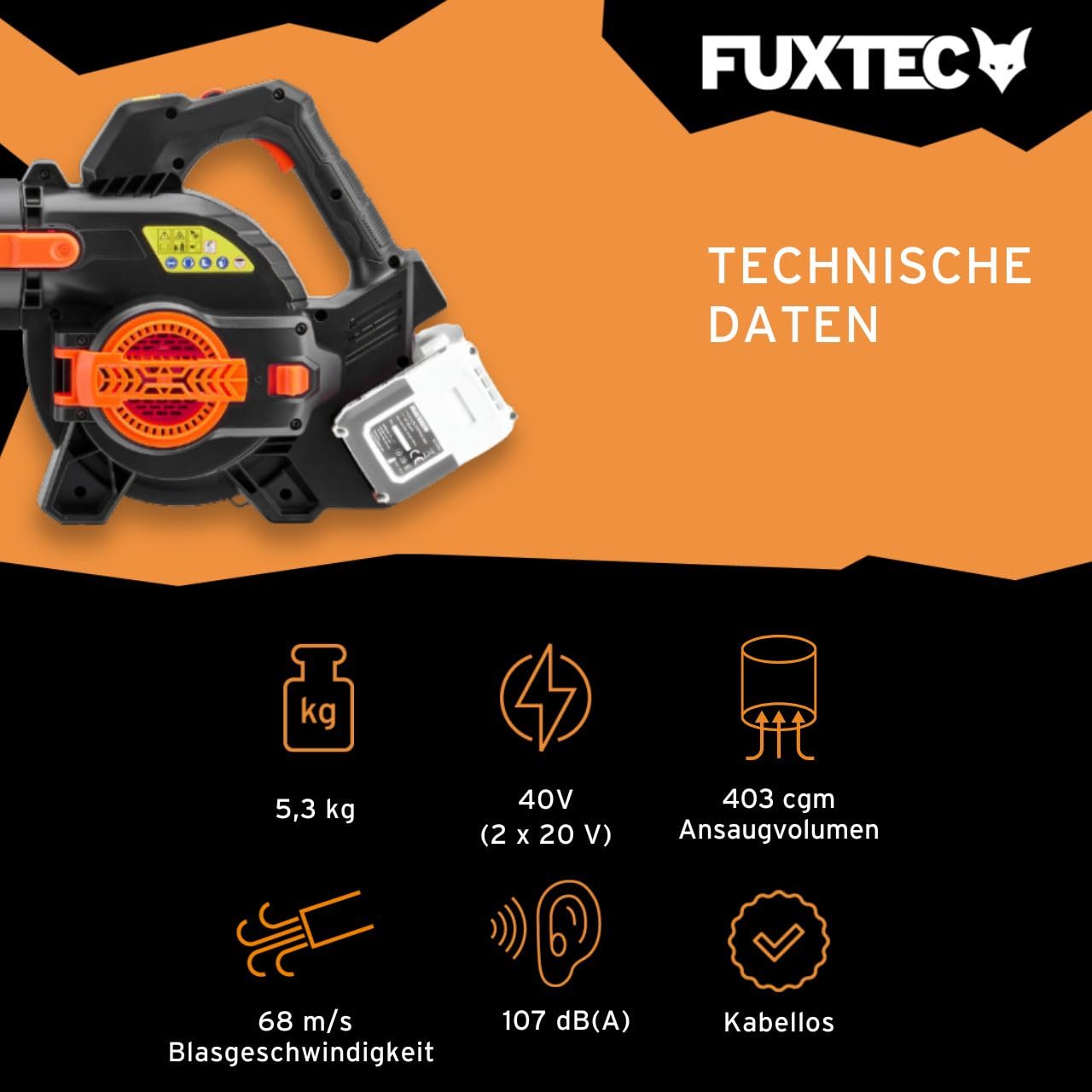 FUXTEC 40 Volt 2in1 Akku-Laubbläser/-Sauger FX-E2LBS, leistungsstarker Laubhäcksler inkl. Laubfangsack, Saugleistung 685.1m³/h, ergonomischer Handgriff, Geschwindigkeitsregulierung