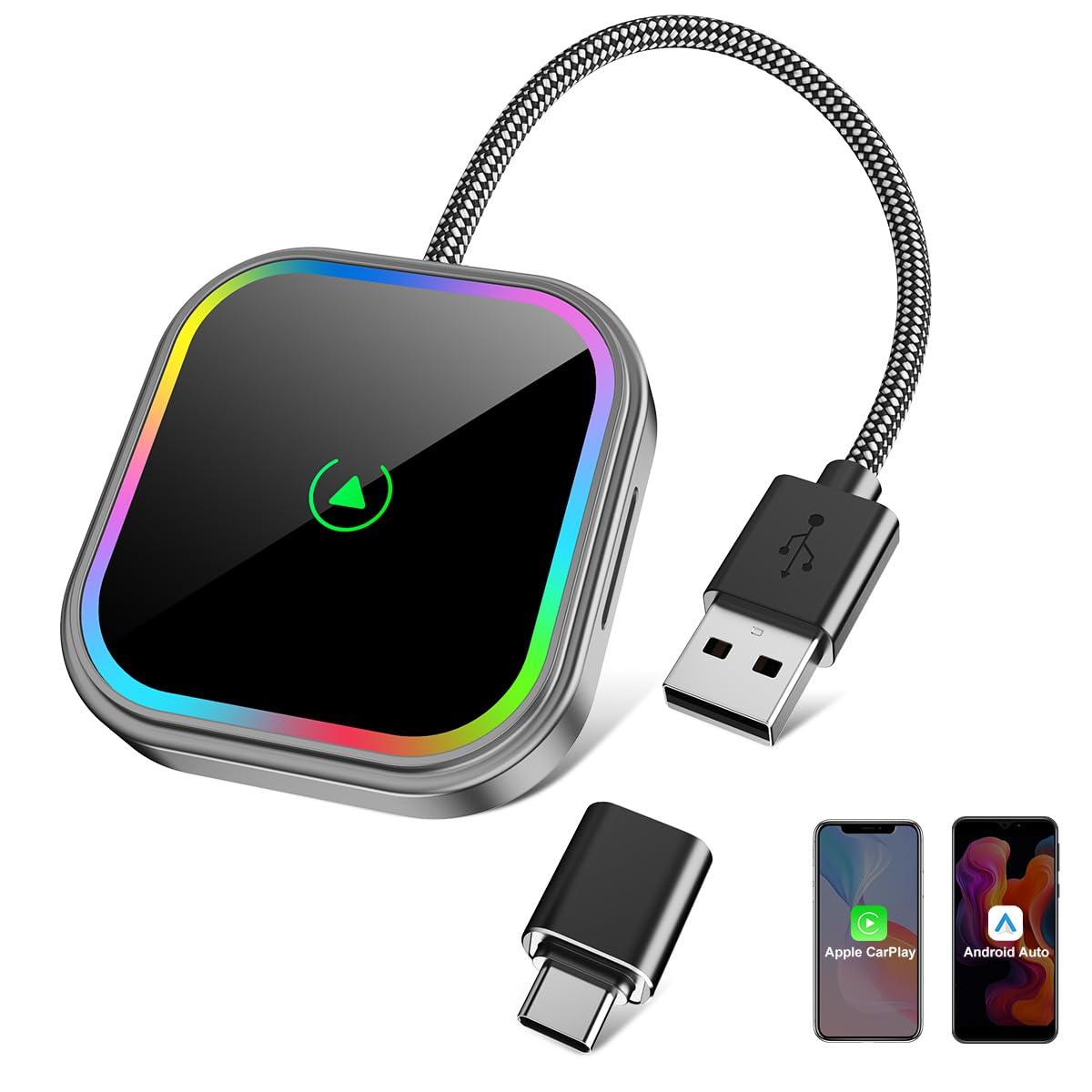 ESSGOO Mini Adaptador Inalámbrico para CarPlay/Android Auto, Adaptador 2 en 1 CarPlay Inalámbrico Bluetooth con Enchufe USB, Compatible con iOS 10+ y Android 11+, RGB con Control de Voz