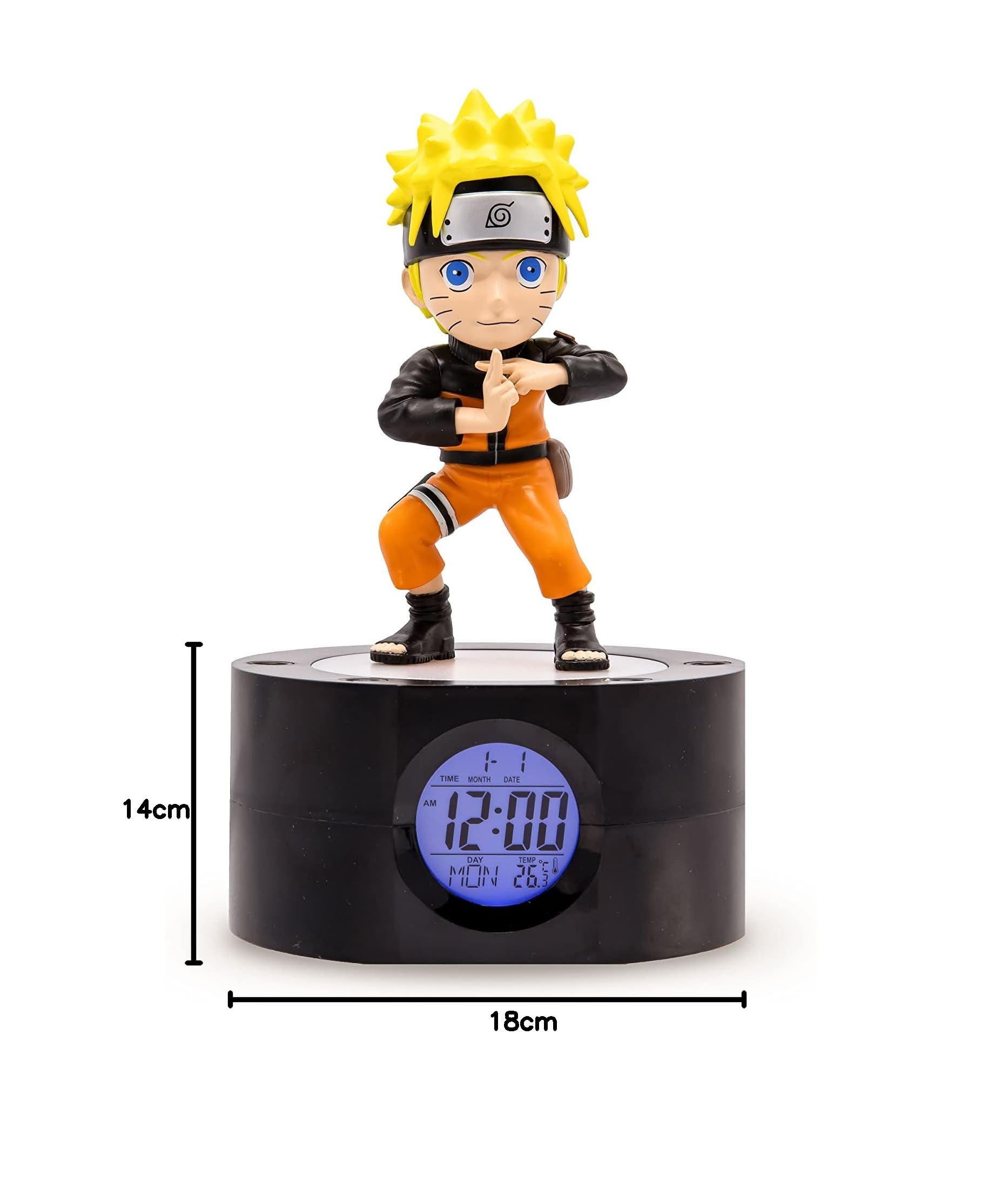 TEKNOFUN - Licencia Naruto Shippuden - Despertador Digital Naruto - Pantalla 12/24h, Fecha, Temperatura - Negro, Naranja, Amarillo - Funciona con 3 x AAA/Enchufe - Cable USB (Incluido) - 811607