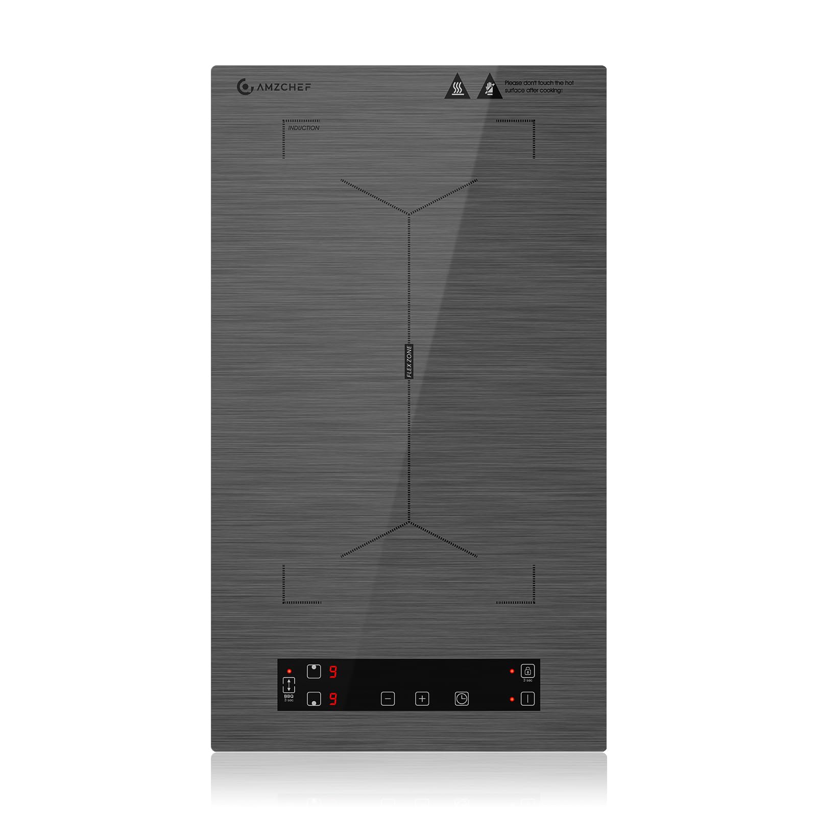 AMZCHEF Placa de inducción 2 placas con zonas flexibles y enchufe, 10 niveles de potencia, bloqueo de seguridad y temporizador, protección contra sobrecalentamiento, barbacoa, 3300W(Gris)