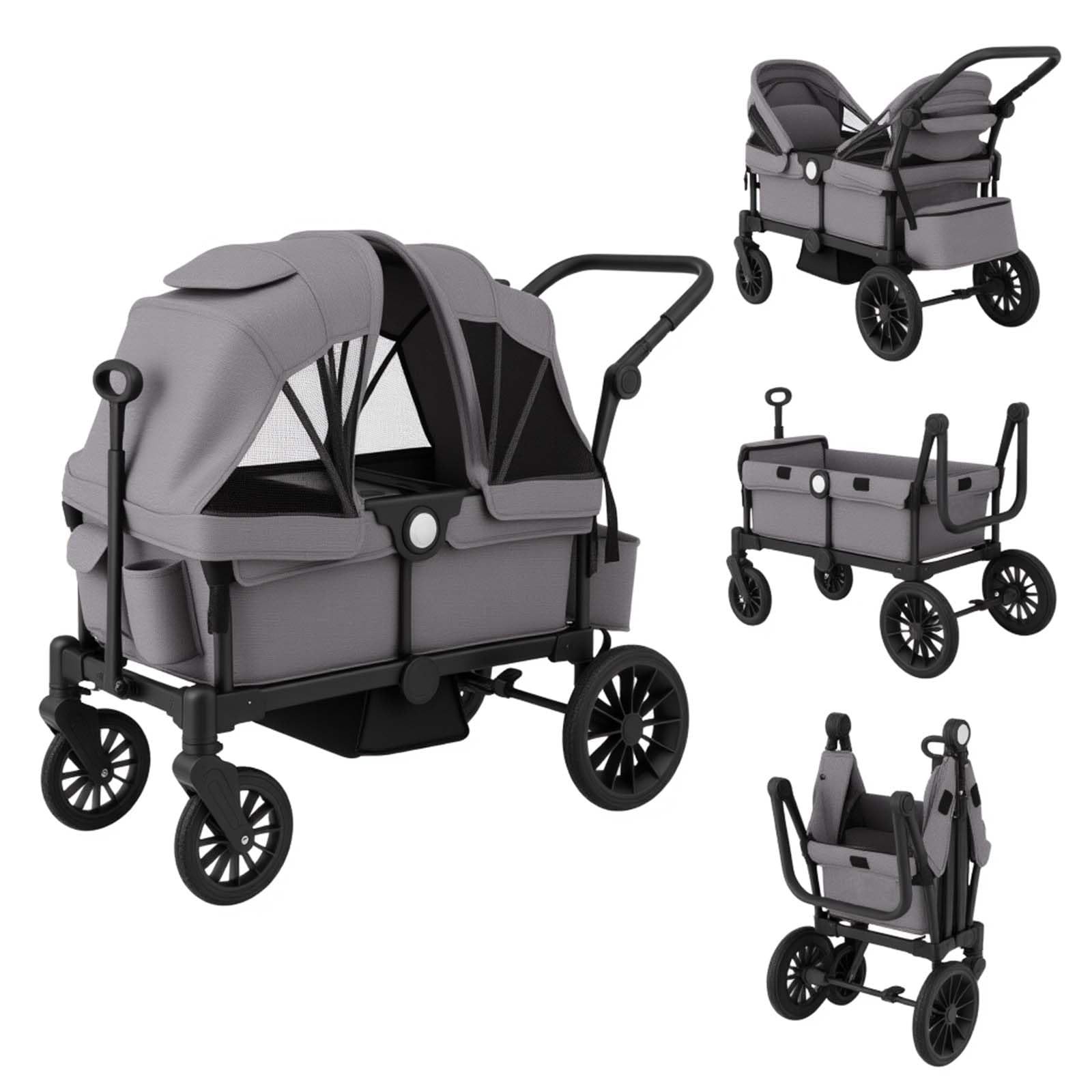 COSTWAY 2 in 1 Geschwisterwagen klappbar Zwillingskinderwagen mit verstellbarem Griff & abnehmbarem Verdeck Zwillingsbuggy Grau