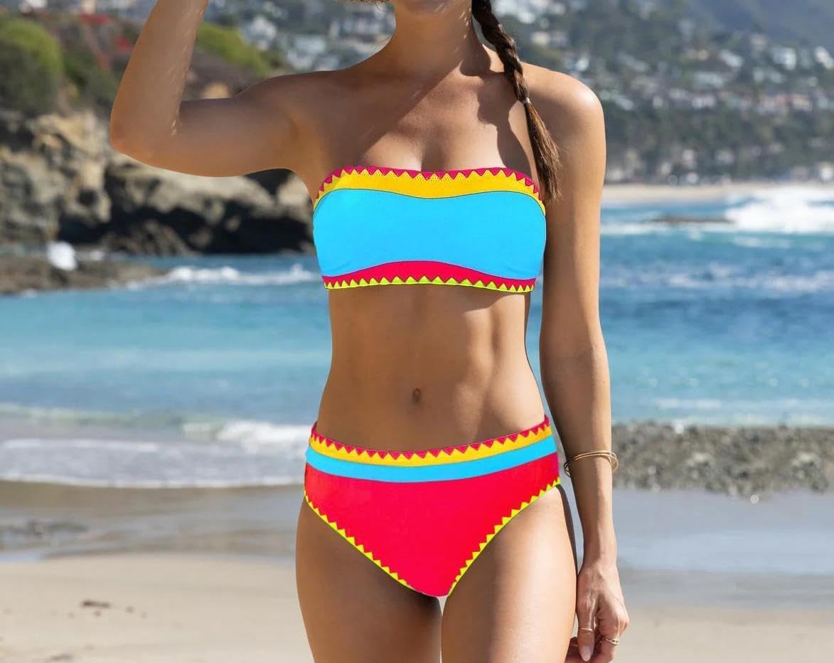 Sexybody Women's Bandeau Bikini Strapless Bikini Neon Color Block Two Piece Whip Stitch Trim Bathing Suits - Image 3