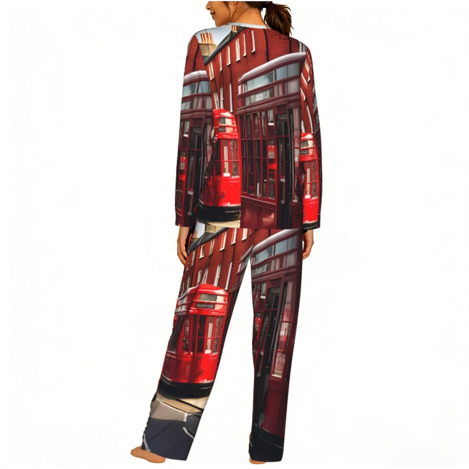 Red London Street Print - Pigiama da donna a maniche lunghe, morbido, confortevole, elastico