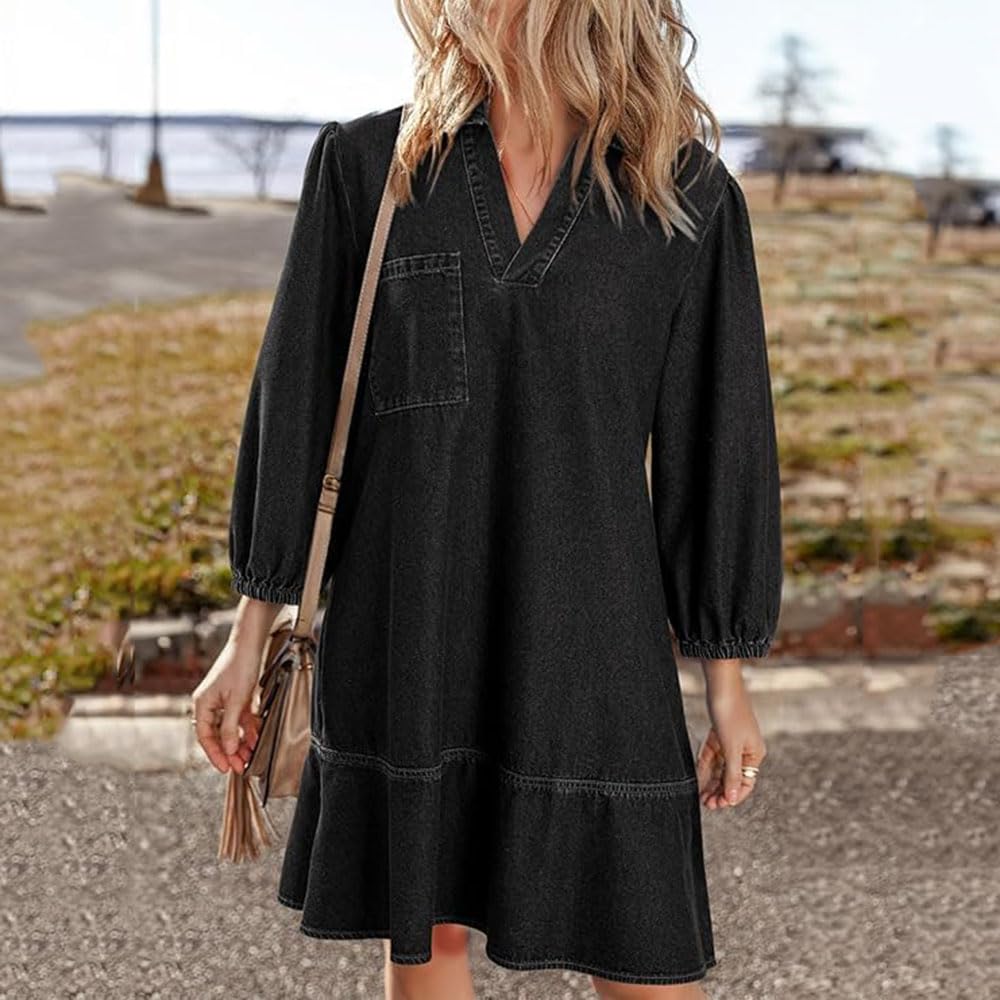 Vestido Vaquero con Capas, Cuello en V y Mangas abullonadas para Mujer, Vestidos Vaqueros con Volantes y Mangas 3/4, Vestido Vaquero Camisero Holgado de Verano con Bolsillos. (Black,L)