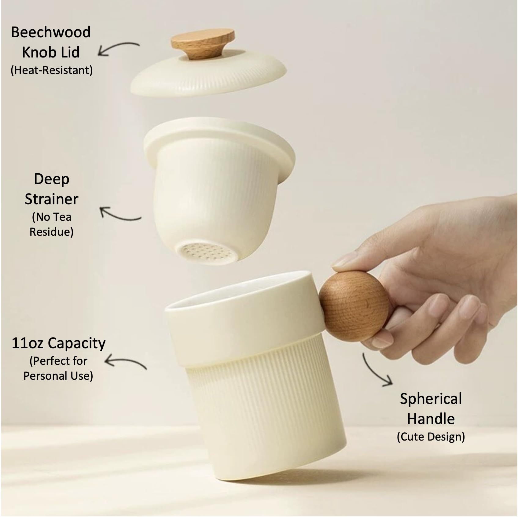 Hermit Life Tasse à thé avec infuseur et couvercle pour stepper en vrac, tasse à thé en porcelaine blanc crème avec passoires, poignée globulaire en bois naturel, tasse diffuseur de thé, cadeau de thé