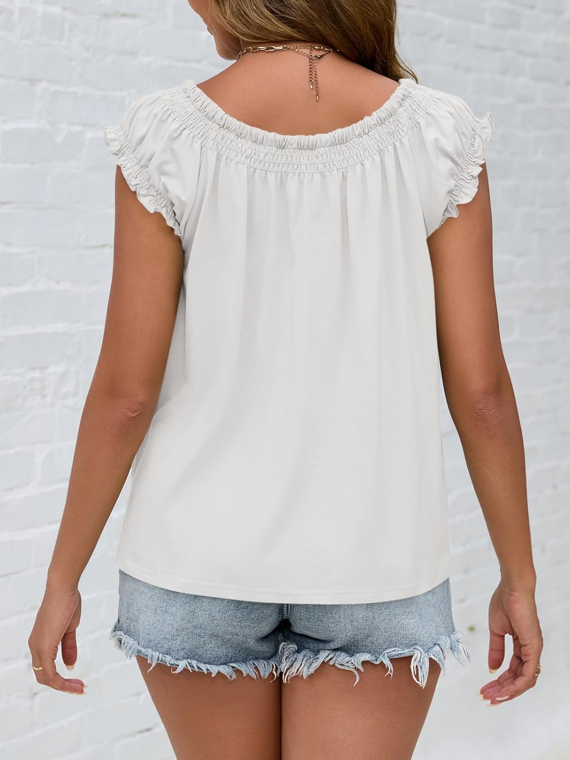 Womens Dressy Casual Blouses Cap Sleeve Babydoll Tops Tie Front Pleated Summer Blouse Loose Fit Flowy Work Shirts - Image 2