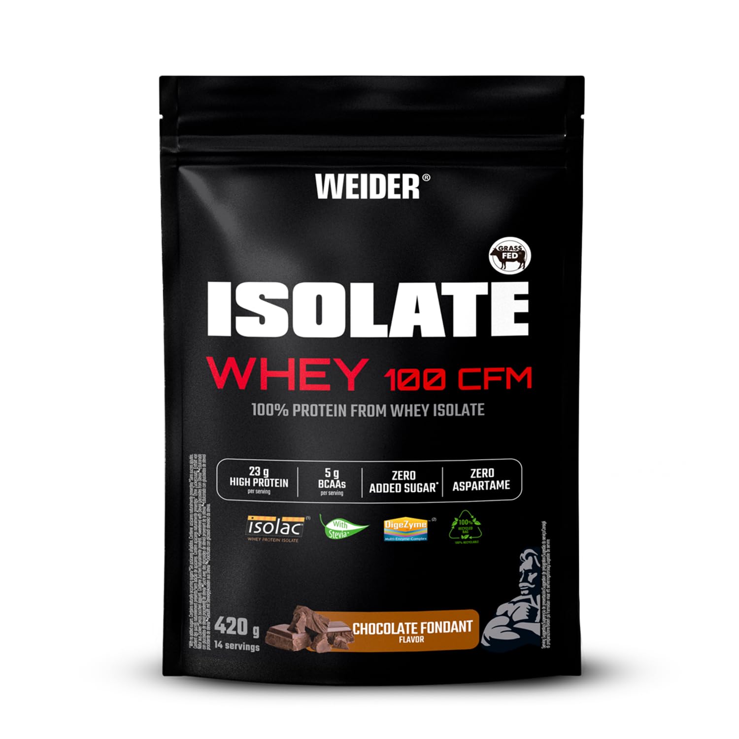 Weider Isolate Whey 100CFM (420g) Chocolate Flavour, Protein 100% Isolate Whey from Isolac®, 23g Protein/Portion, with Digestive Enzymes Digezyme®, No Added Sugar, No Aspartame, Low Fat, 14 Servings
