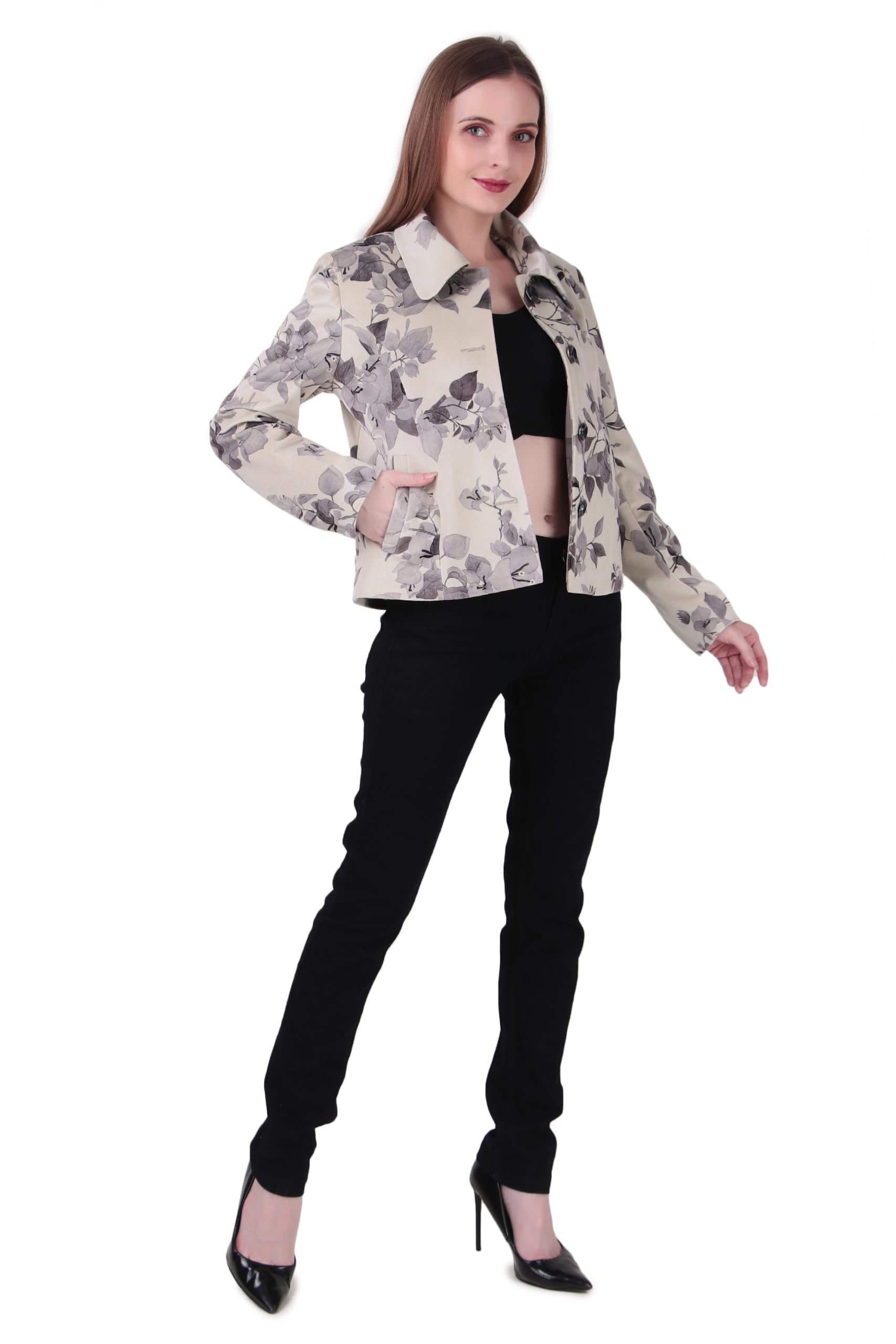Women's Cream & Grey Floral Leaf Printed Jacket | Single-Breasted Spread Collar Short Winter Coat with Front Pockets | Stylish Casual Outerwear | Pack of 1-image-7