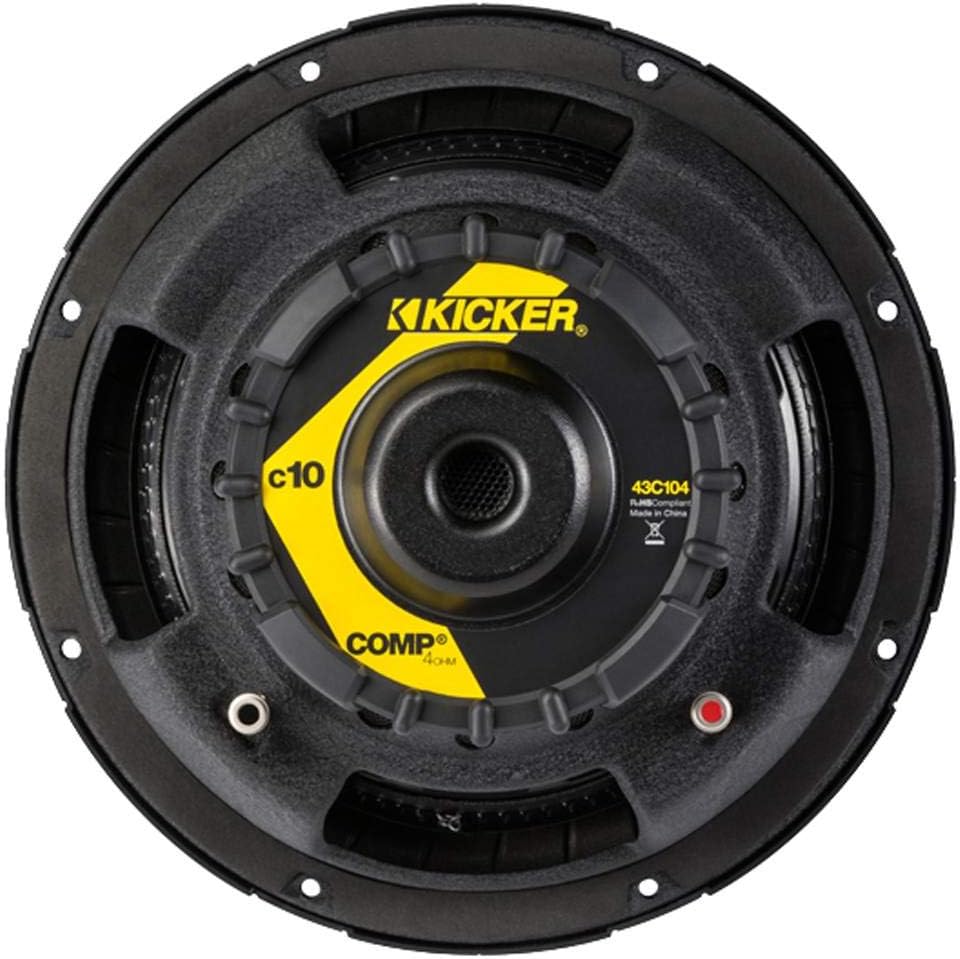 Lura view of Kicker C104 subwoofer showing terminals and model information