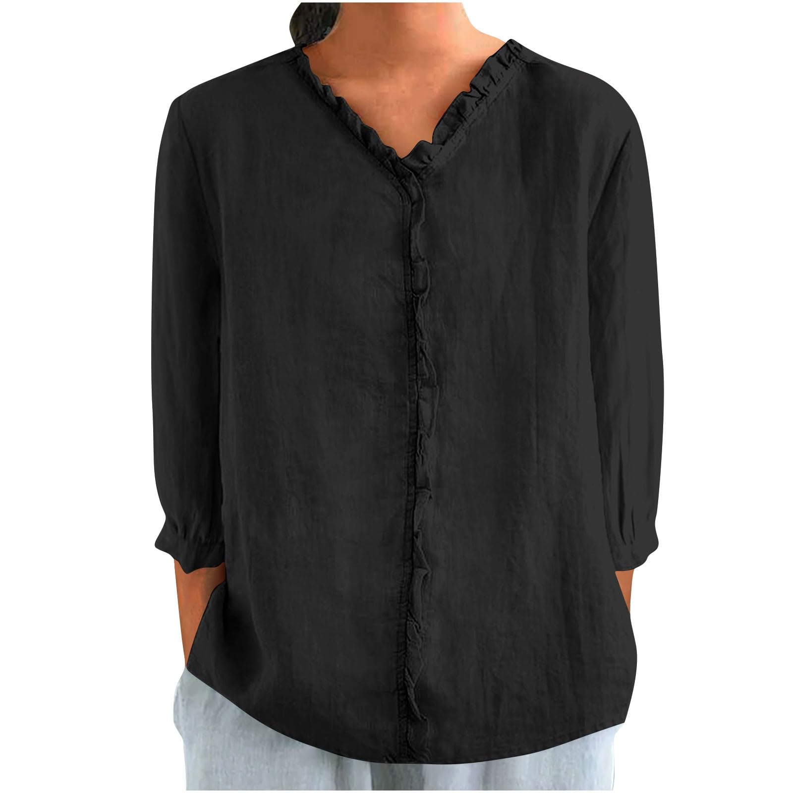linen shirts for women ruffle splicing tops 34 length sleeve summer tops vacation tops outfits boho beach tee shirts