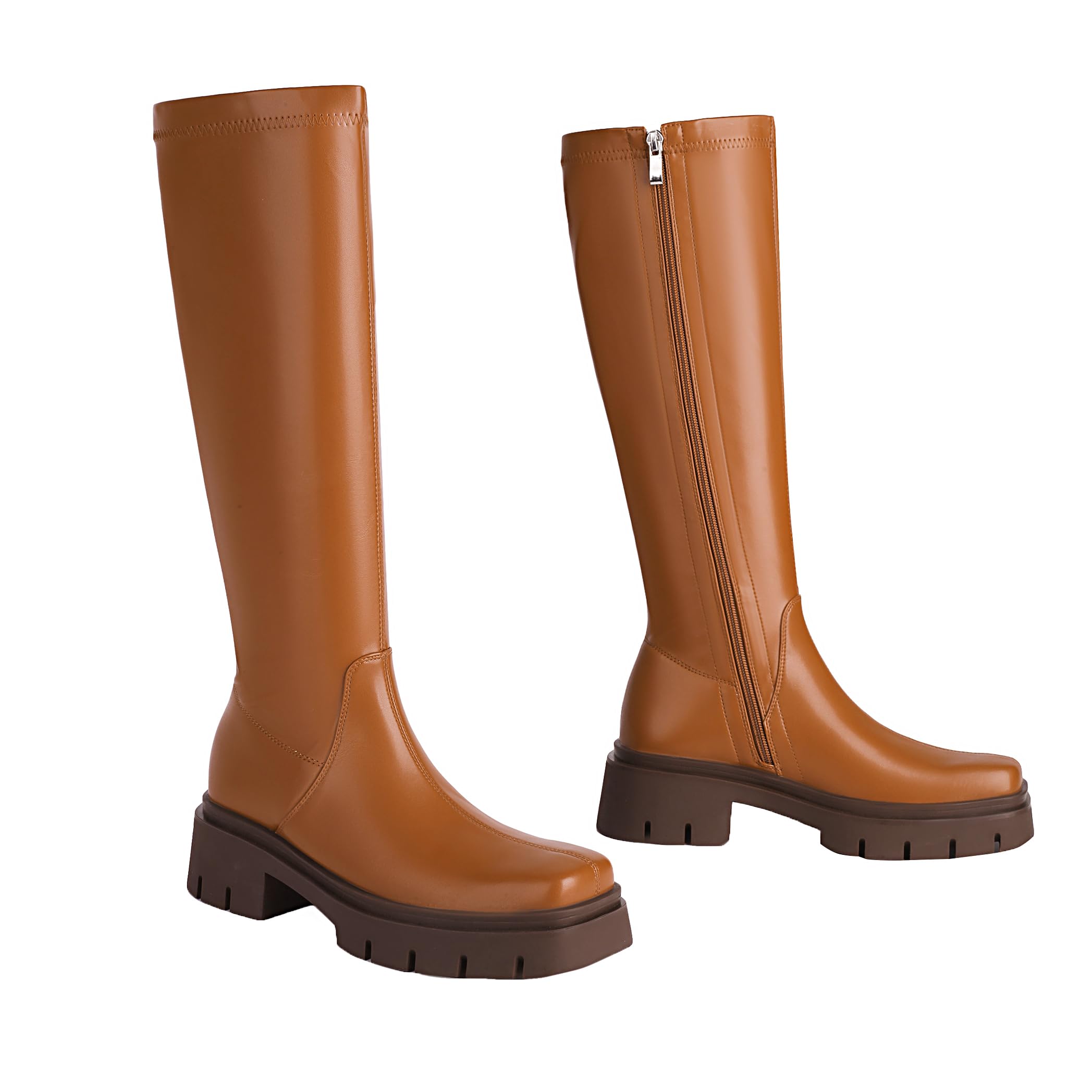 vivianly Women's Fashion Knee High Boots Chunky Block Heel Square Toe Zipper Long Boot