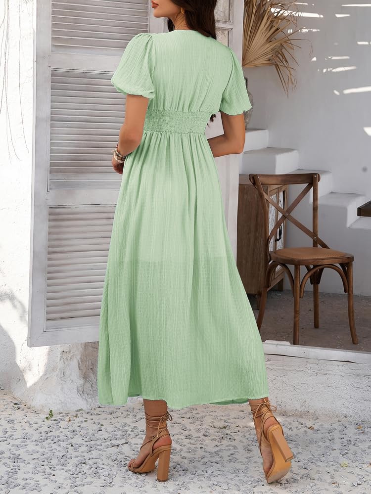 Image of Women Summer Casual Midi Dress Puff Sleeve V Neck Ruched Button Front Split Boho Beach Vacation Wedding Dresses 2026