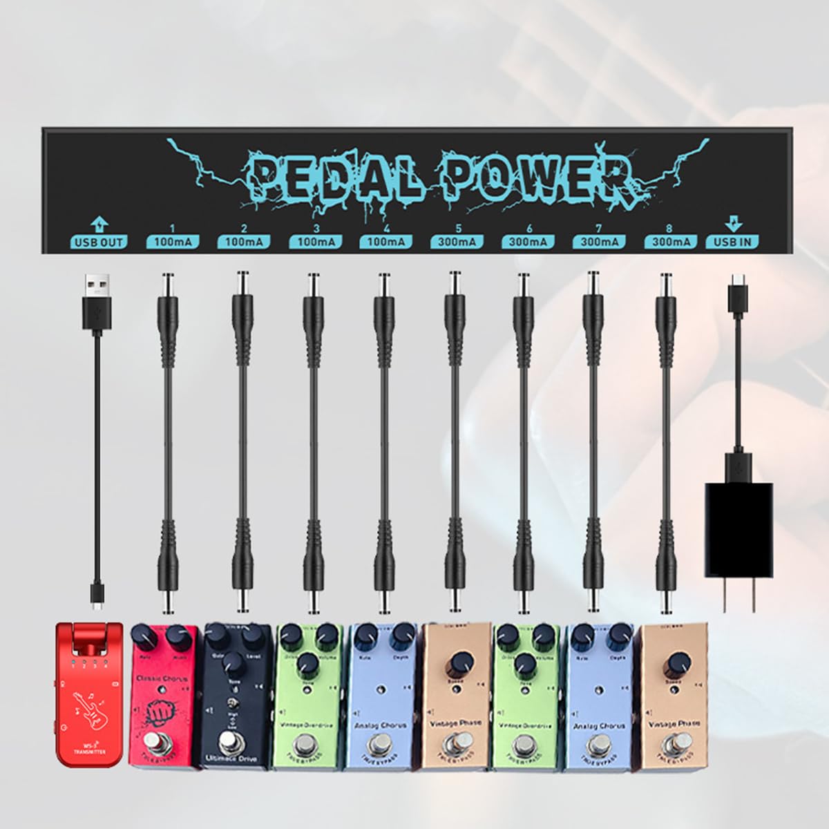 Sarini 8-kanałowy zasilacz do pedału gitarowego, 9 V, 100 mA/300 mA, obsługuje wejście USB