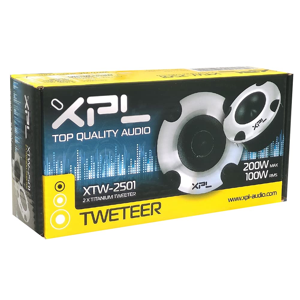2 tweeter XPL XTW2501 ultra slim da 100 watt rms e 200 watt max da 10 cm di diametro 4" e 100 db di sensibilità con ridotta profondità 4,2 cm, a coppia + 2 condensatori e 3 adesivi omaggio