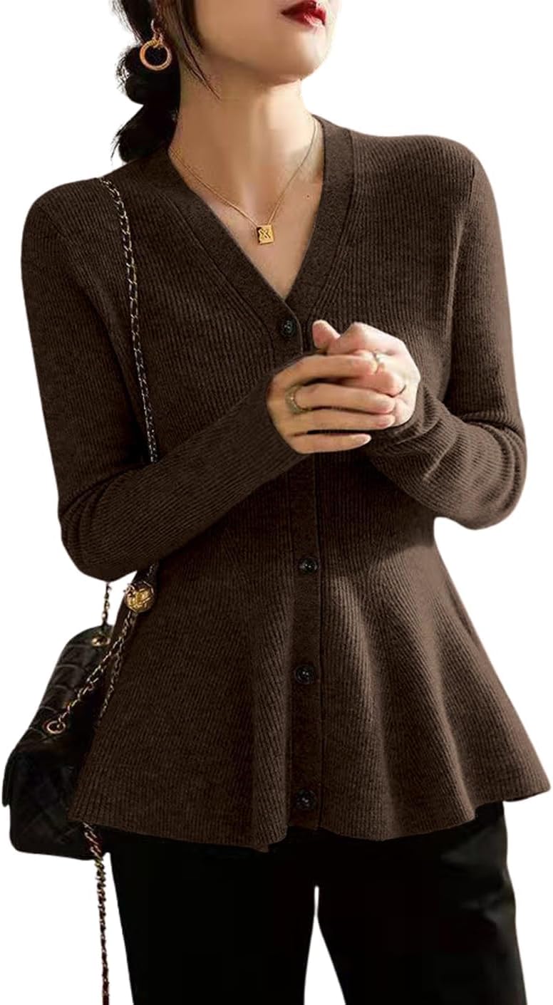 Chvity Elegant Ruffles Peplum Cardigan Sweater for Women Fahsion Slim Cozy Business V Neck Button Down Sweaters