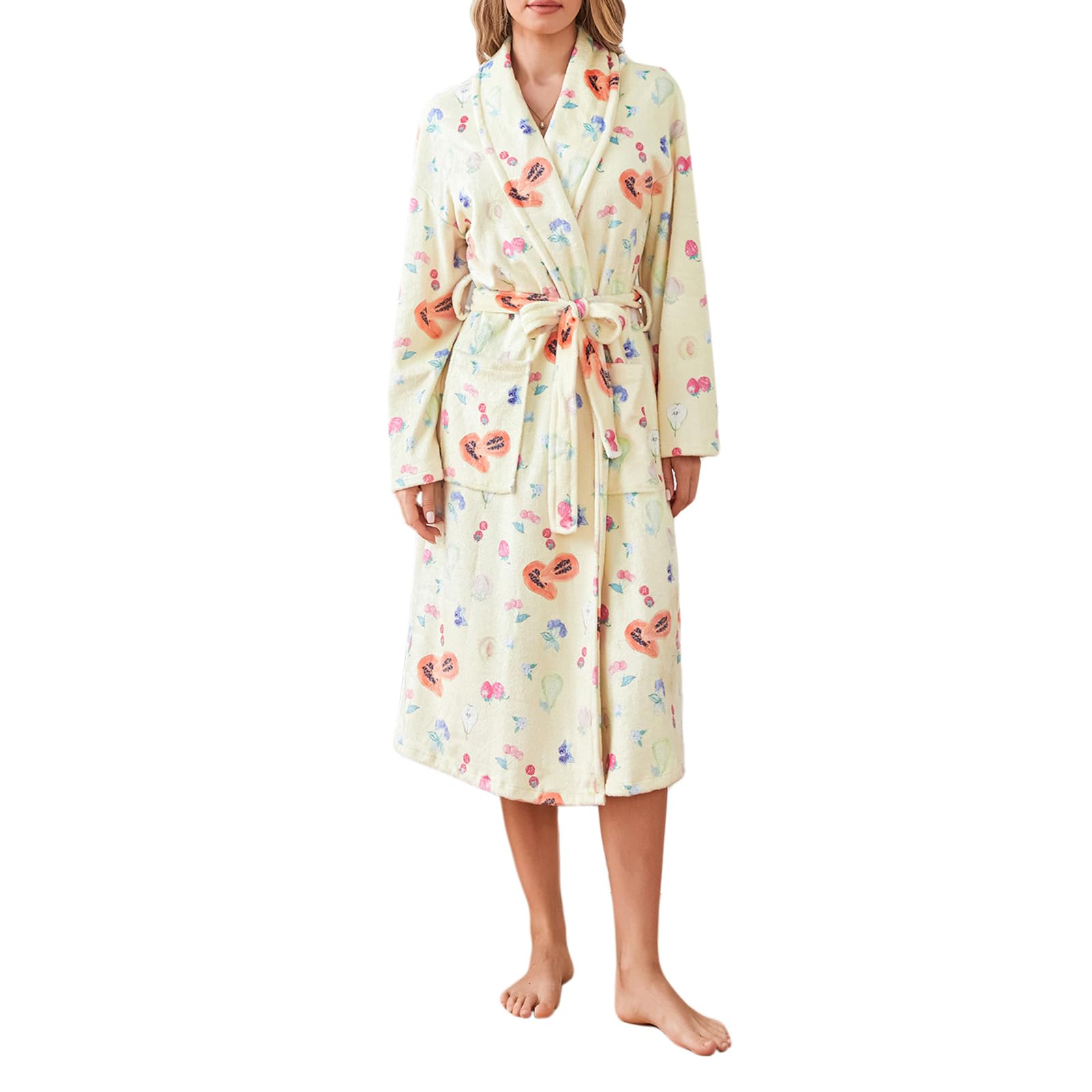 Damen-Bademantel aus weichem Fleece, Blumenmuster, Obstdruck, warm, langes Handtuch, Kimono, Bademantel mit Tasche