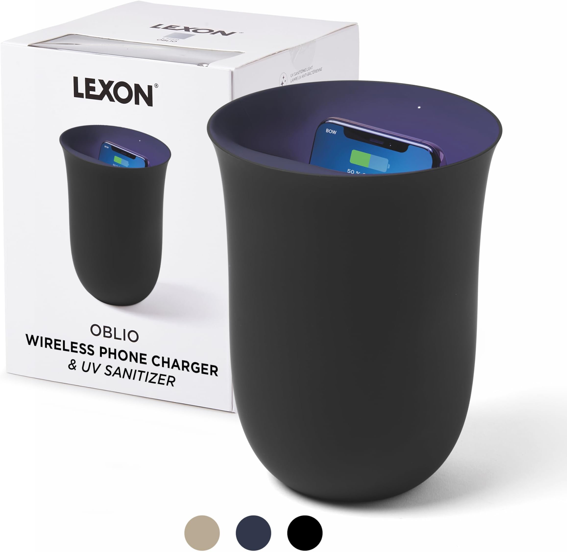 Lexon OBLIO Wireless Charging Station + UV Sanitiser - Black