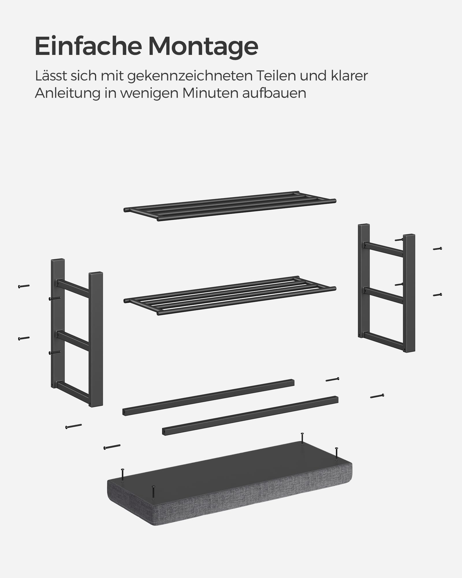 SONGMICS Schuhbank, Schuhregal mit 3 Ebenen, Schuhaufbewahrung, Sitz mit Schaumstoffpolsterung, Leinen, Metallrahmen, für Wohnzimmer Eingangsbereich, 31 x 81 x 49 cm, dunkelgrau-schwarz LBS057B01