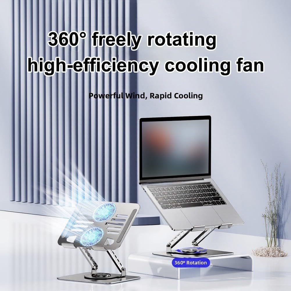 Soporte para computadora portátil de doble ventilador, base giratoria de 360°, elevador portátil plegable para optimizar el flujo de aire para el trabajo o el estudio (negro)
