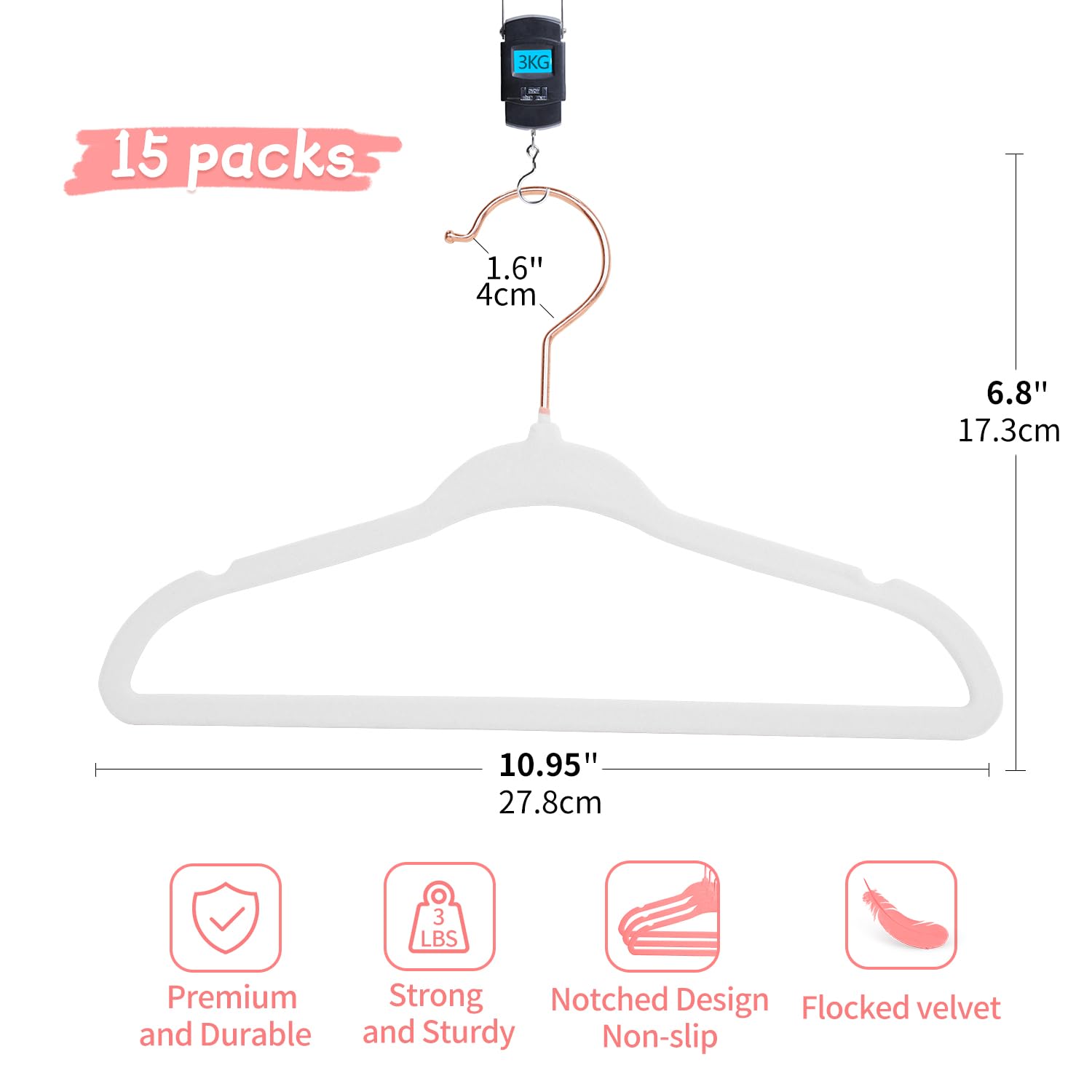 LEMEGA Perchas de Terciopelo para Bebés,Perchas para Ropa de Niños con Ganchos de Oro Rosa,Juego de 15, 28CM,Ahorro de Espacio,Antideslizante, 360 Grados Ganchos Giratorios-Blanco