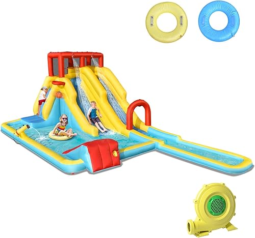 KOTEK Tobogán acuático inflable, toboganes dobles largos, parque acuático gigante para niños, diversión al aire libre con pared de escalada y