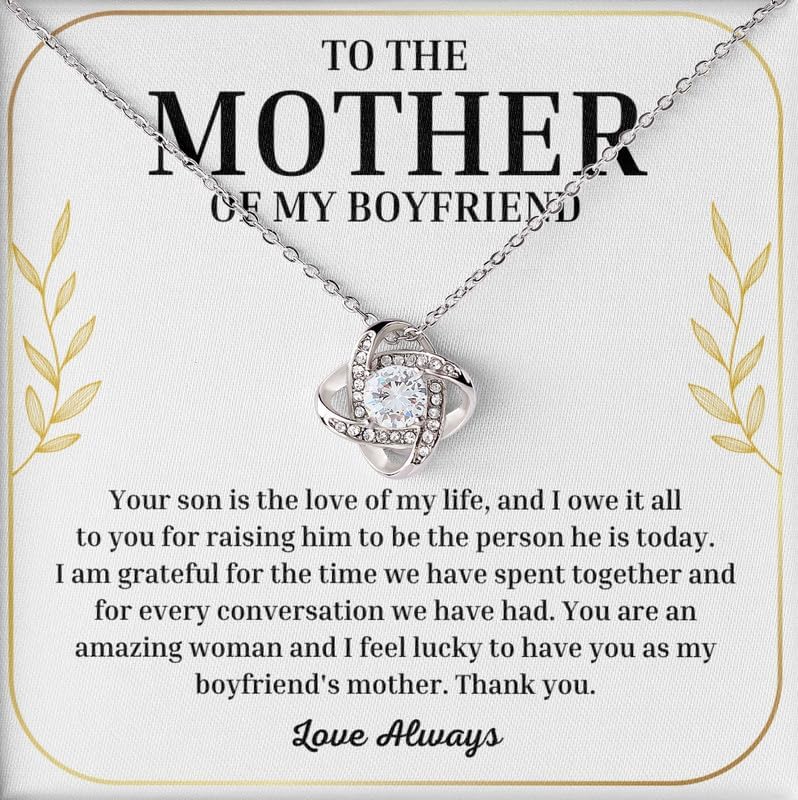 To My Boyfriend's Mom Necklace Message Card Box Love Knot Silver Mahogany - I Am Grateful For The Time - Relationship Jewelry Aunt Stepmother Valentine