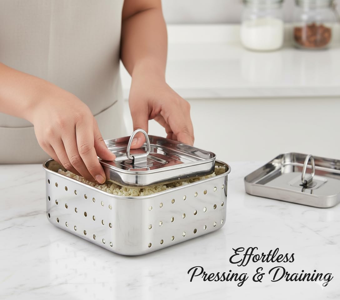Dangfly Stainless Steel Paneer Maker Mould with Lid| Square Paneer & Tofu Press | Whey Separator for Homemade Paneer, Tofu & Cheese | Easy to Use, Rust-Free & Durable (450 ML) 1