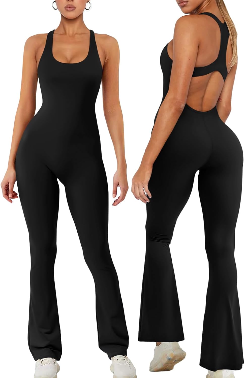 (XL)REORIA Women Trendy Summer Sexy Scoop Neck Sleeveless Backless Full Body Tummy Control Workout Bodycon Flare Jumpsuits Black X-Large